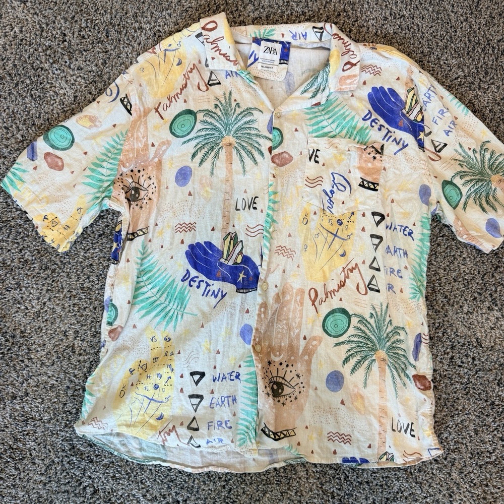 Zara Tropical Palmistry Zodiac Print Linen Relaxed Fit Shirt Size Medium
